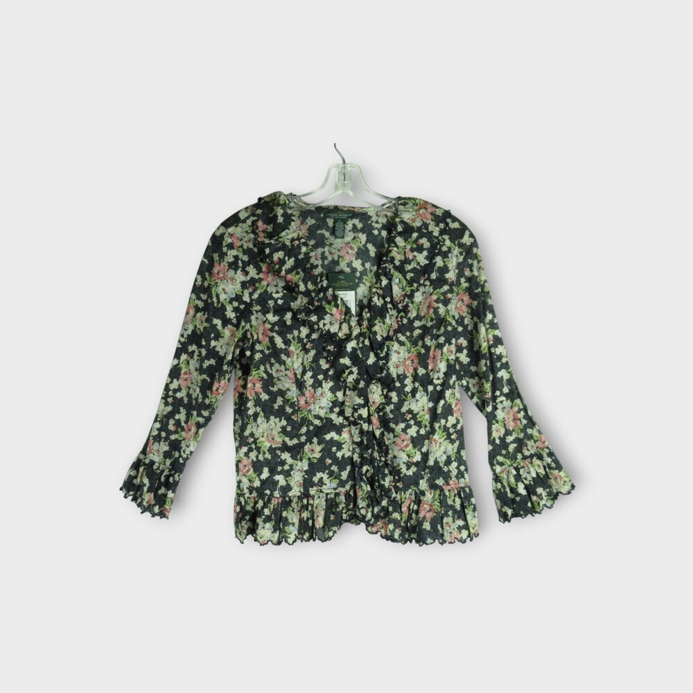 Lauren Ralph Lauren Ruffle Floral Blouse Size S Black Rose Flounce